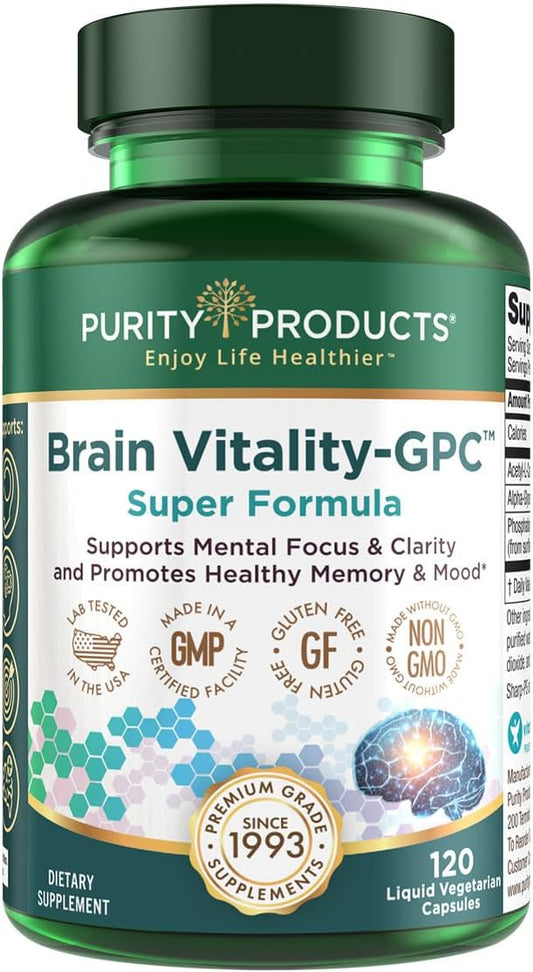 Brain Vitality-GPC Super Formula with Acetyl L-Carnitine HCI, Alpha GPC, and Phosphatidylserine - Enhances Concentration and Mental Clarity - 120 Capsules