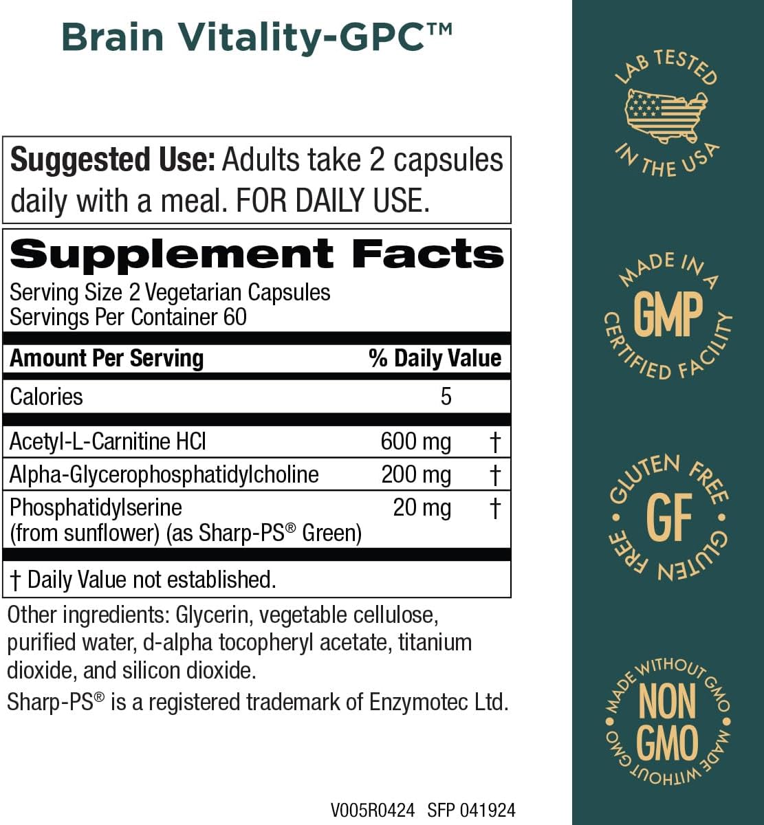Brain Vitality-GPC Super Formula with Acetyl L-Carnitine HCI, Alpha GPC, and Phosphatidylserine - Enhances Concentration and Mental Clarity - 120 Capsules