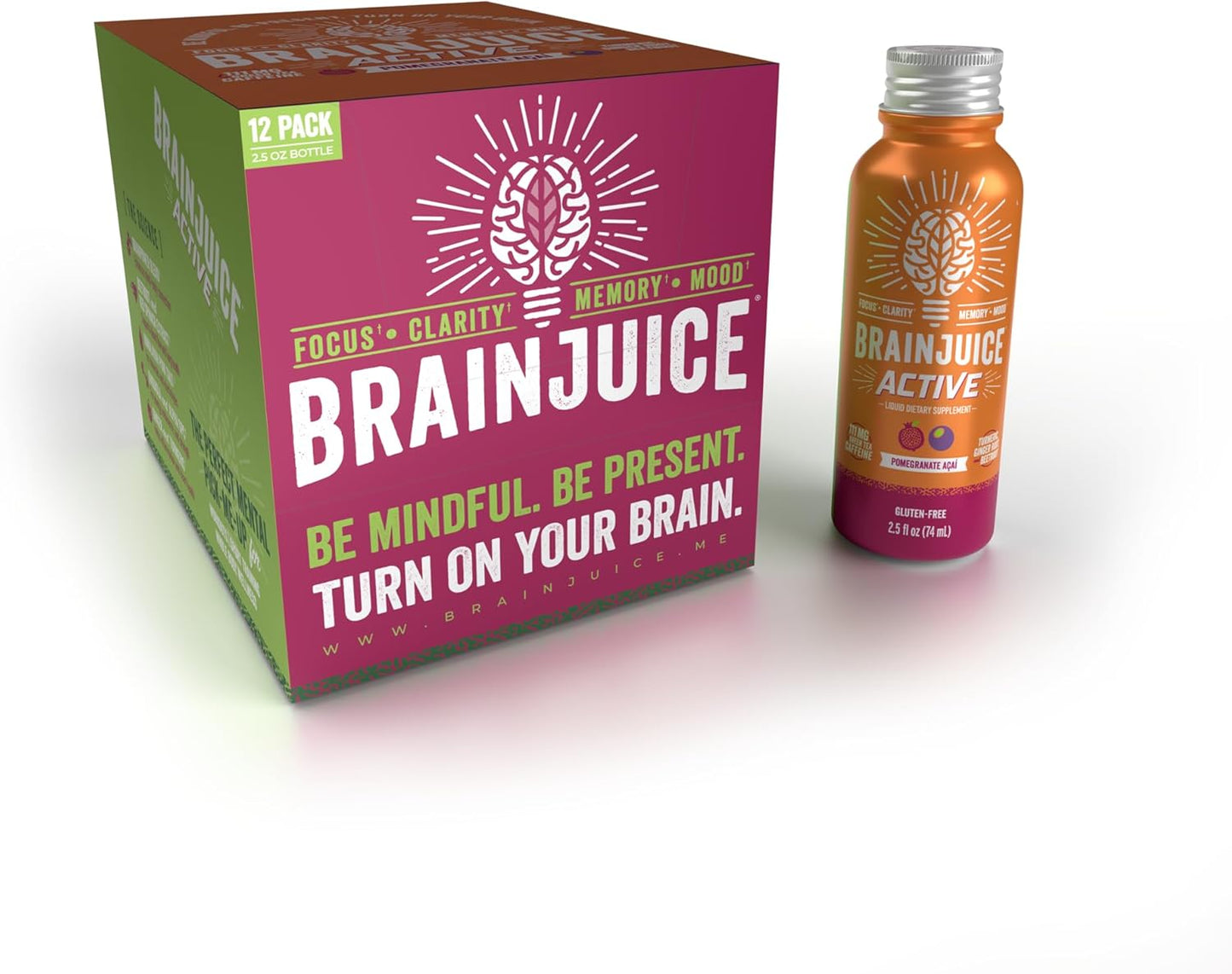 BrainJuice Brain Support Shot, Pre Workout Energy Shot with Alpha GPC, Vitamin B, Green Tea Extract, Pomegranate Acai, 2.5 fl oz, 12 Pack