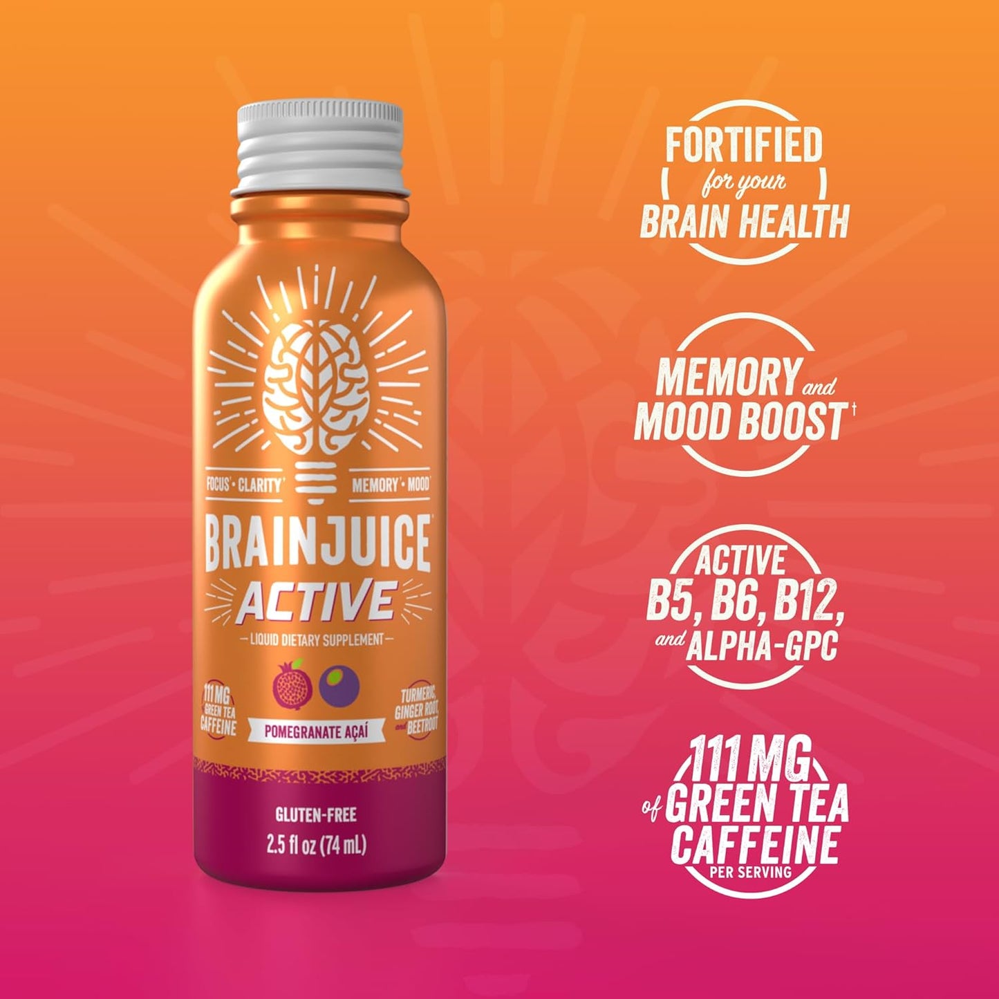 BrainJuice Brain Support Shot, Pre Workout Energy Shot with Alpha GPC, Vitamin B, Green Tea Extract, Pomegranate Acai, 2.5 fl oz, 12 Pack