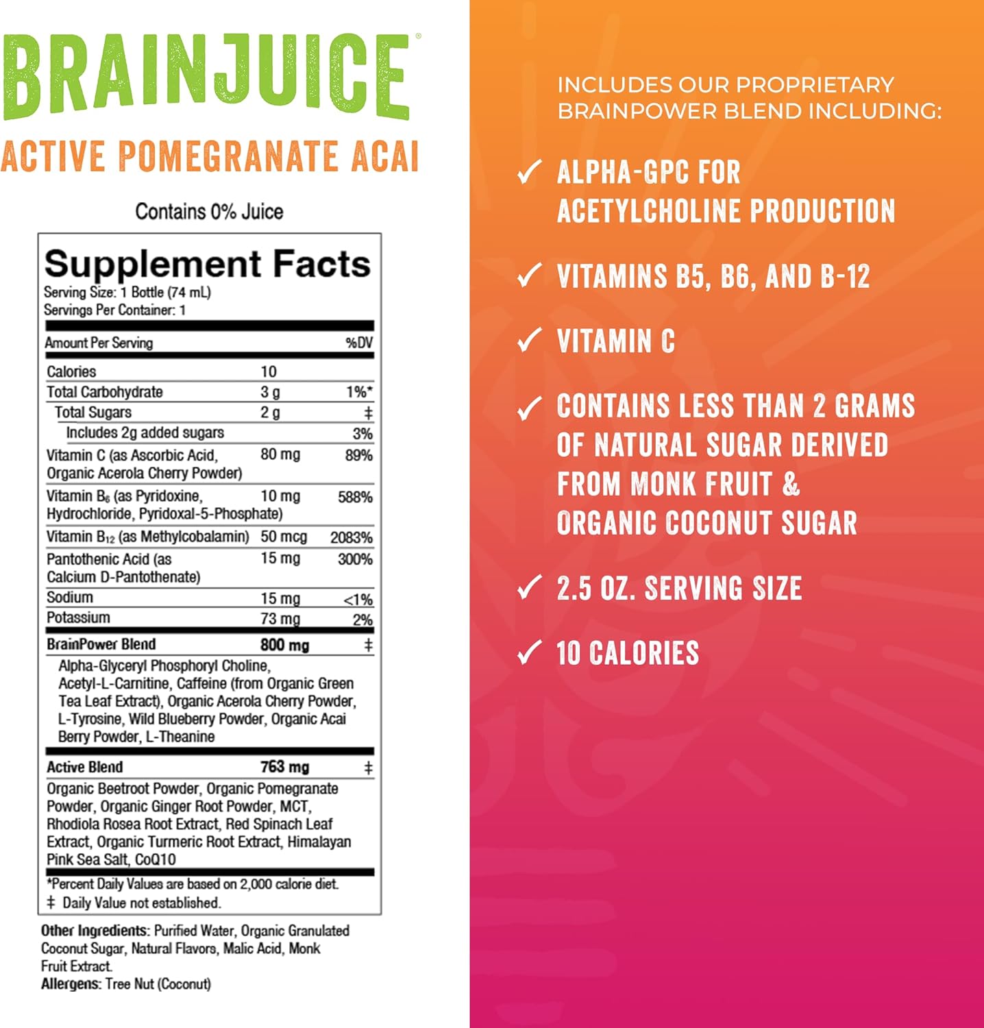 BrainJuice Brain Support Shot, Pre Workout Energy Shot with Alpha GPC, Vitamin B, Green Tea Extract, Pomegranate Acai, 2.5 fl oz, 12 Pack