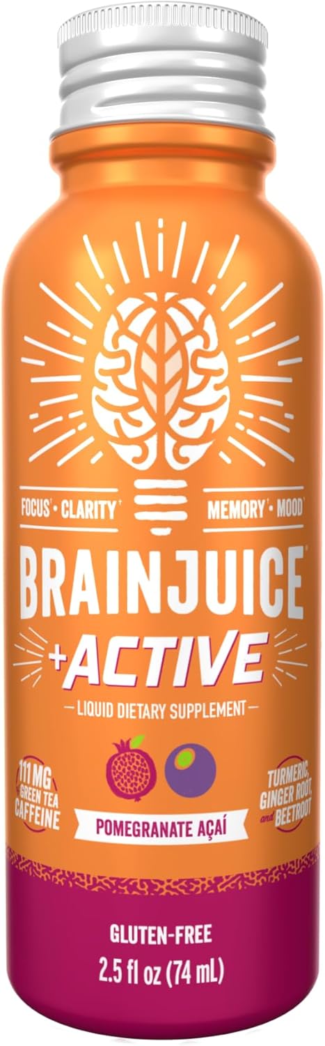 BrainJuice Brain Support Shot, Pre Workout Energy Shot with Alpha GPC, Vitamin B, Green Tea Extract, Pomegranate Acai, 2.5 fl oz, 12 Pack