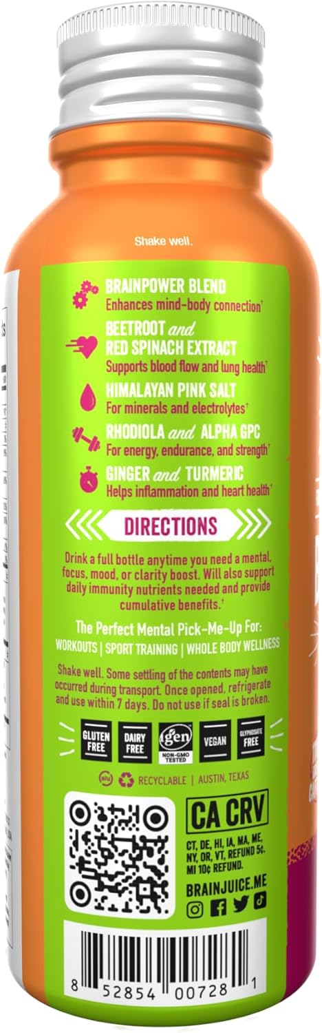BrainJuice Brain Support Shot, Pre Workout Energy Shot with Alpha GPC, Vitamin B, Green Tea Extract, Pomegranate Acai, 2.5 fl oz, 12 Pack