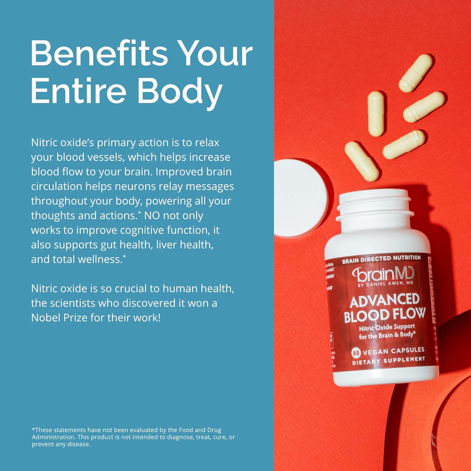 BRAINMD Advanced Blood Flow Capsules - Vegan Nitric Oxide Support for Brain & Body - Gluten-Free - 30 Servings