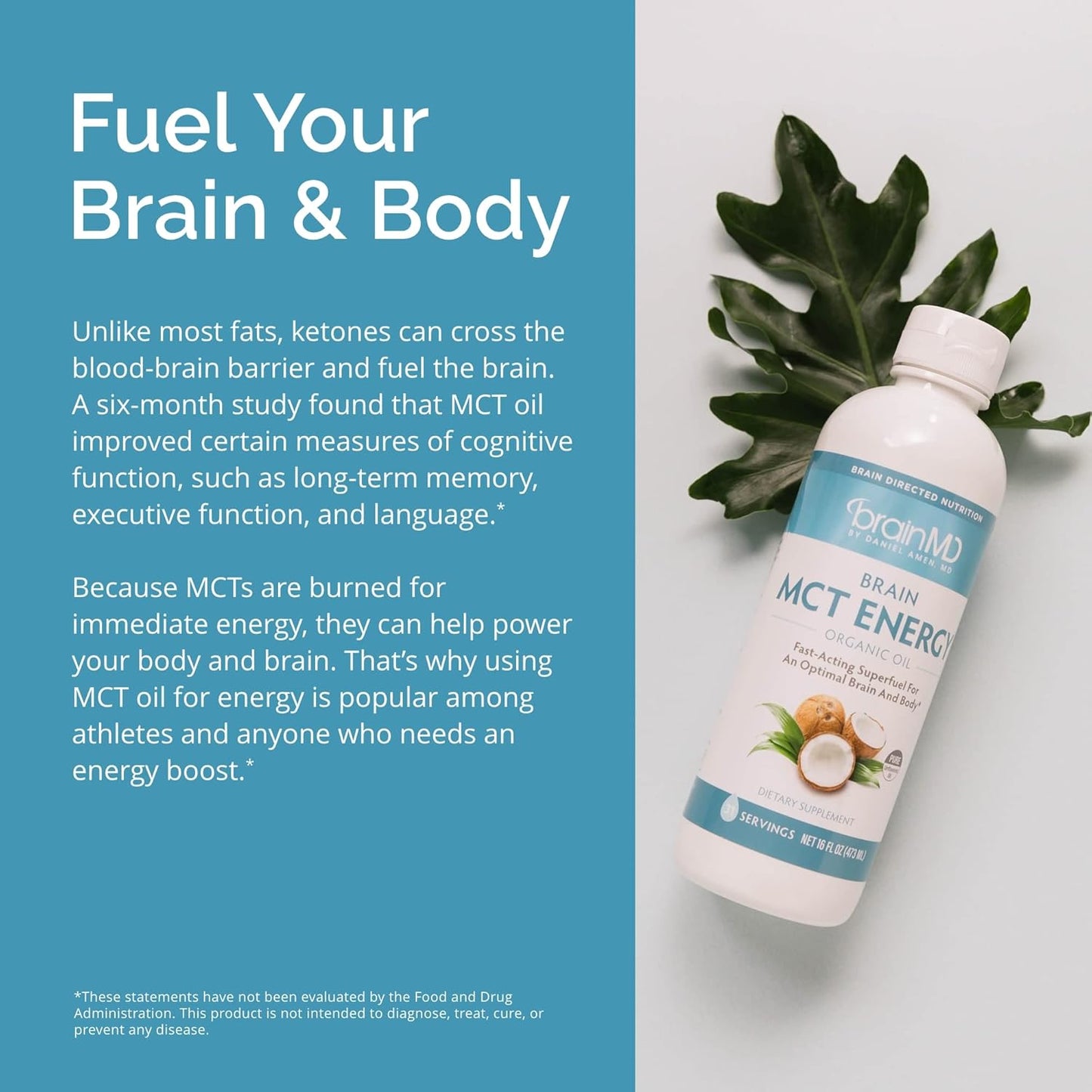 BrainMD Brain MCT Energy Drink - 16 fl oz - Supports Brain & Body Energy - Enhances Focus & Satiety - Gluten Free - 31 Servings