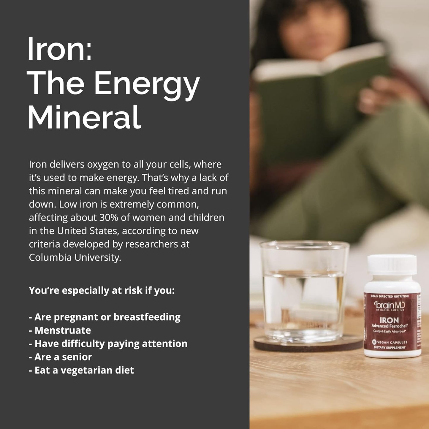 BRAINMD Dr Amen Iron Capsules - Supports Energy, Cognition, & Gene Regulation - Gentle & Gluten Free - 30 Servings