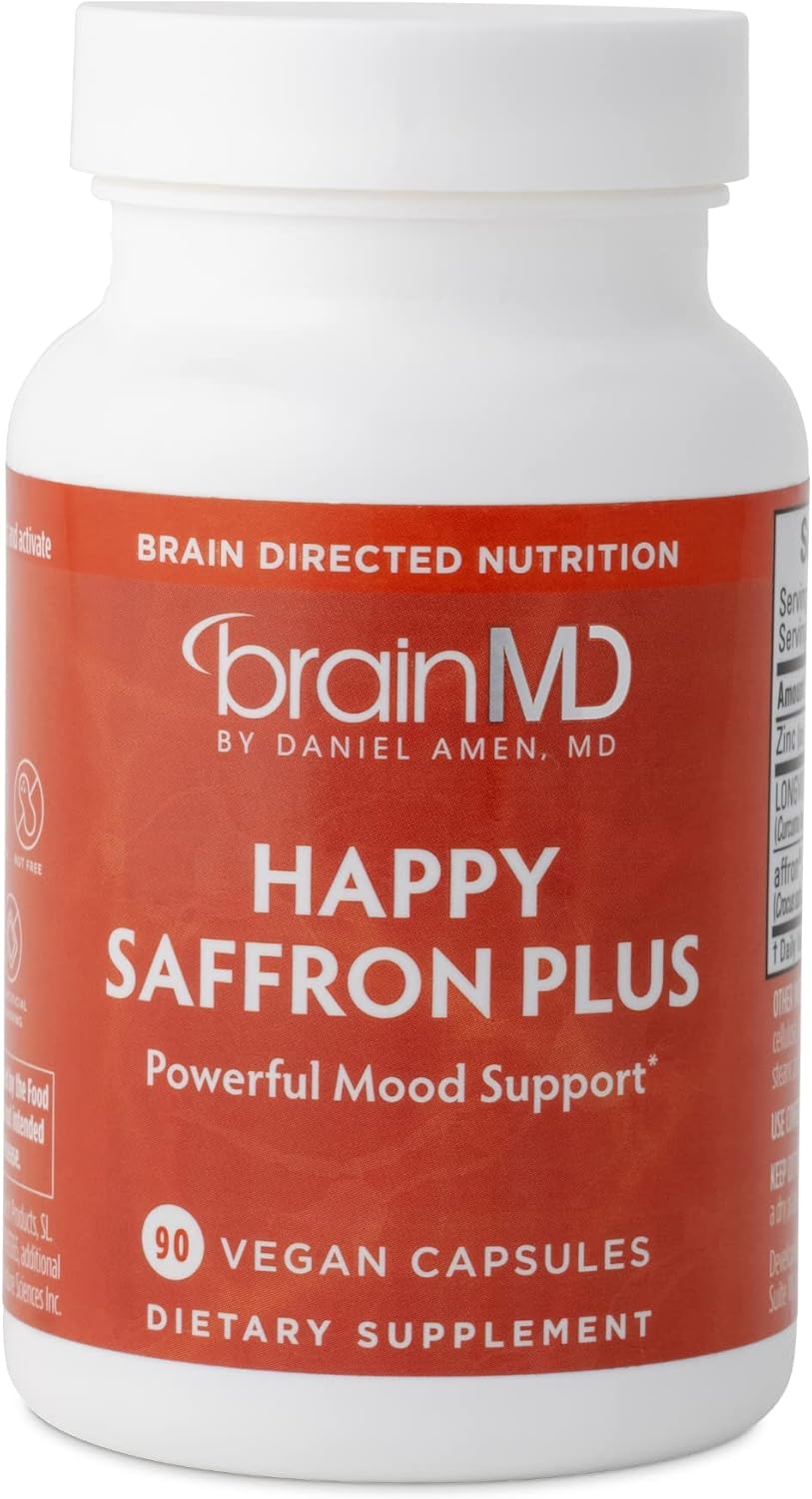 BrainMD Happy Saffron Plus - 90 Capsules with Saffron Flower Extract, Curcumin & Zinc - Vegan, Gluten-Free - 30 Servings