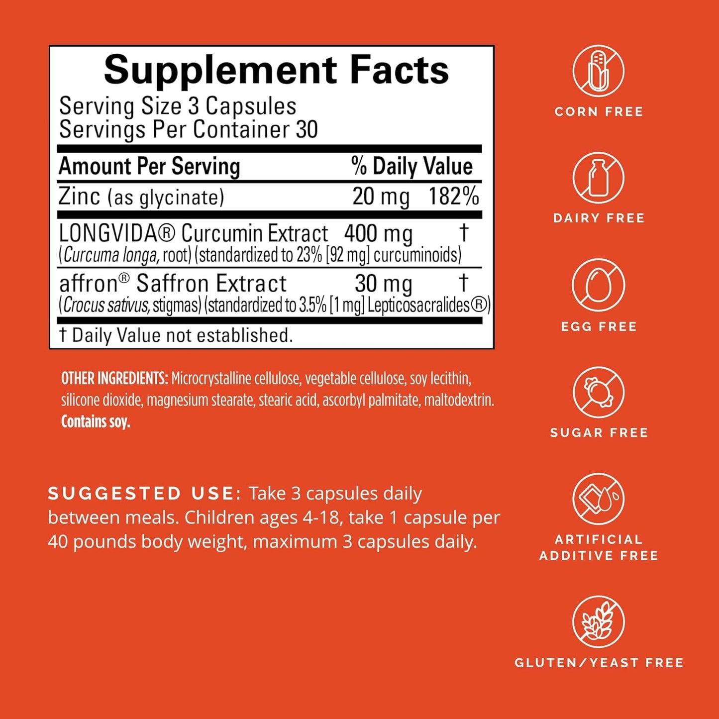 BrainMD Happy Saffron Plus - 90 Capsules with Saffron Flower Extract, Curcumin & Zinc - Vegan, Gluten-Free - 30 Servings