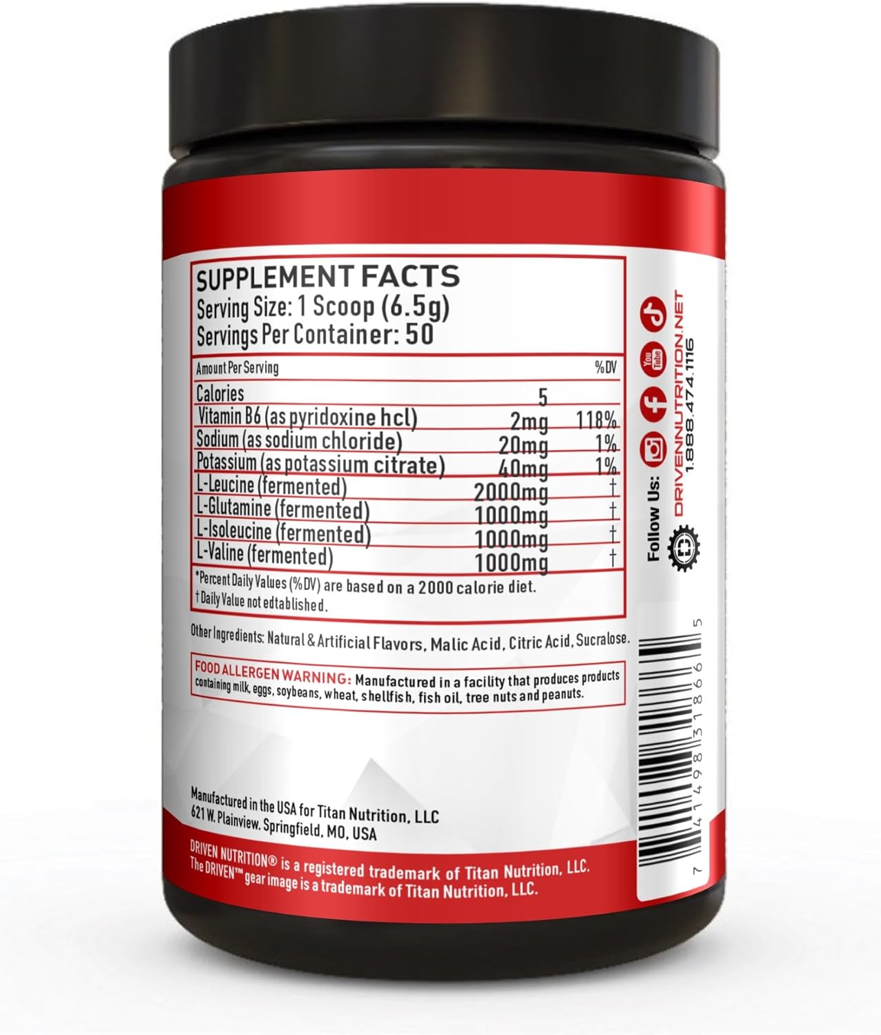Branched-Chain Amino Acid with Glutamine - 2:1:1 BCAA Ratio, 4g Leucine - Watermelon Flavor - Vegan - 50 Servings