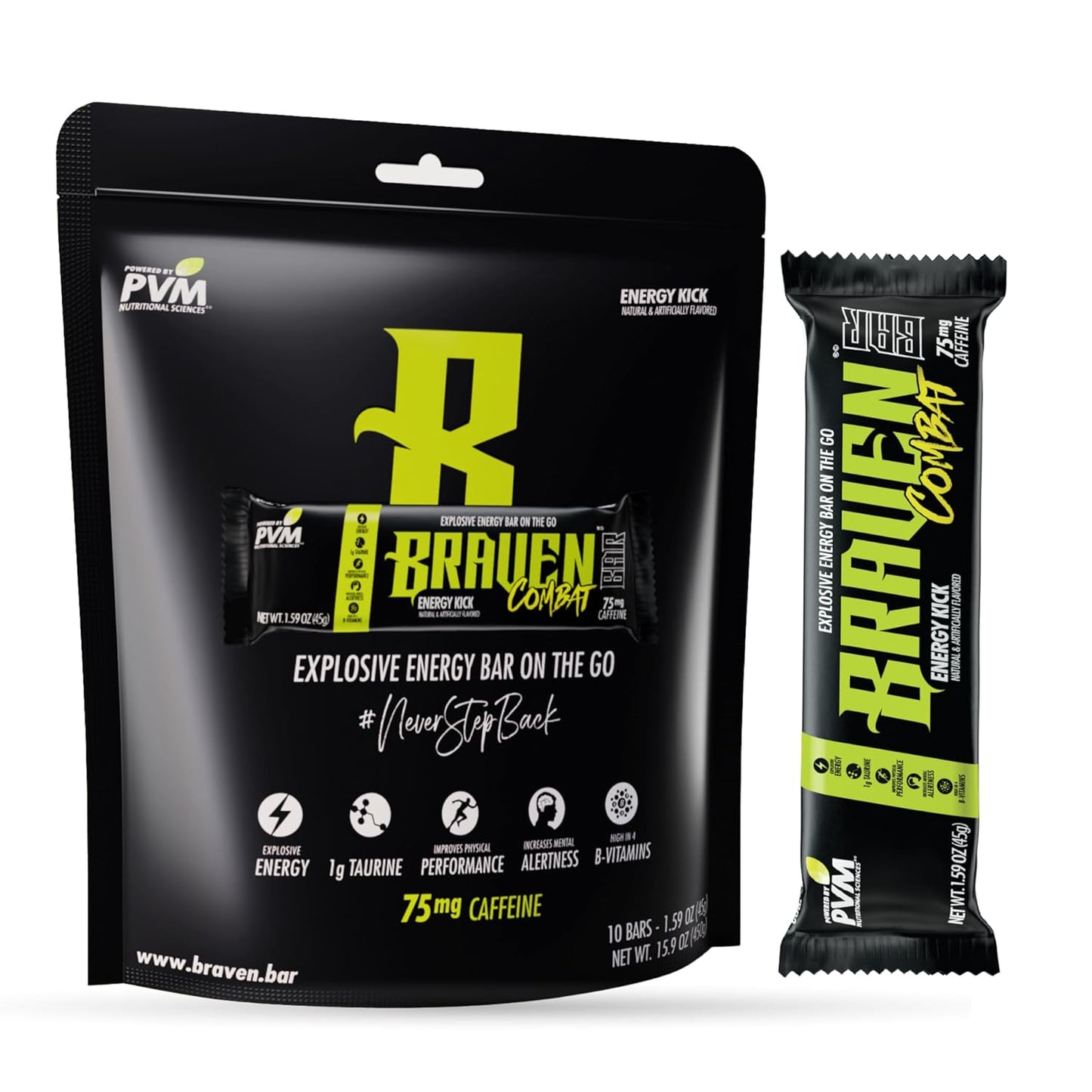 Braven Combat Energy Kick Bars - 10 Pack, 1.59 oz Bars with 75mg Caffeine, Gluten Free Alternative to Energy Chews