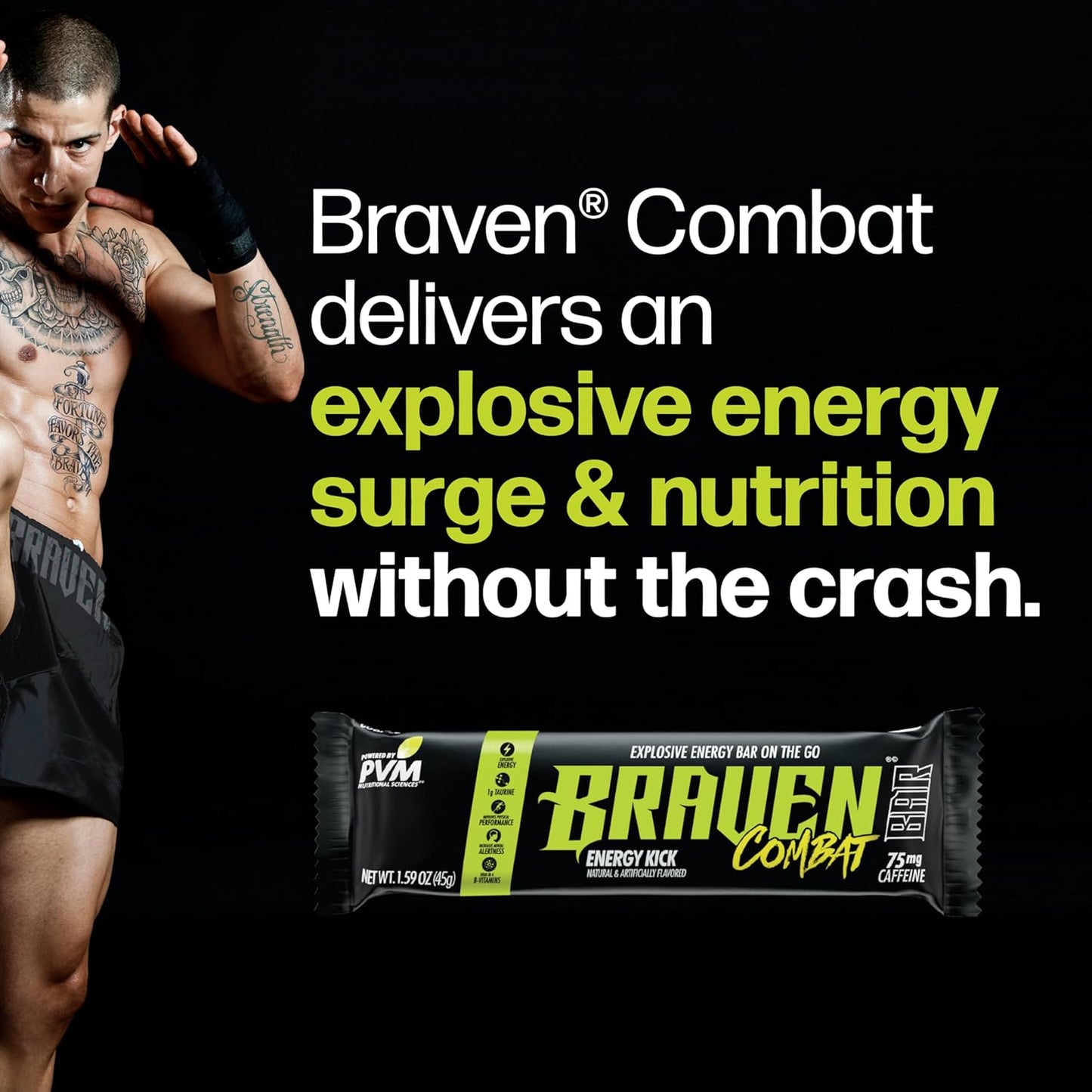 Braven Combat Energy Kick Bars - 10 Pack, 1.59 oz Bars with 75mg Caffeine, Gluten Free Alternative to Energy Chews