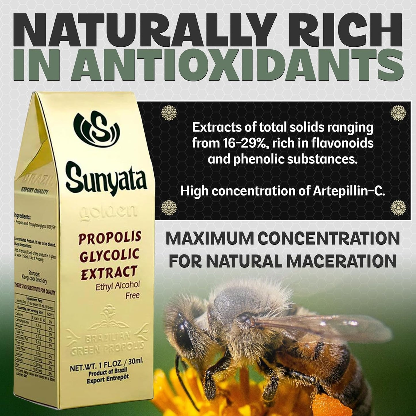 Brazilian Green Bee Propolis Liquid Extract - Sunyata No Alcohol - 30ML (1 Pack) - Pure and Potent Immune Support