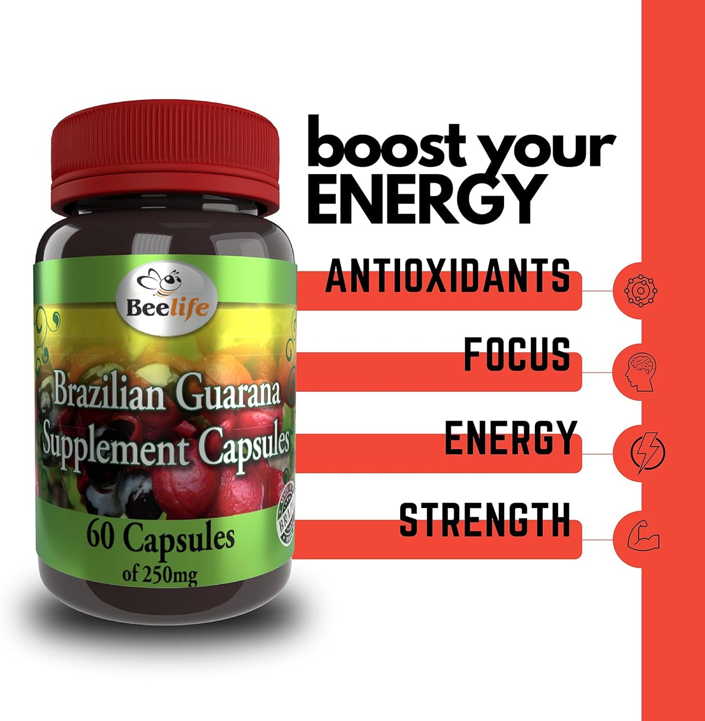 Brazilian Guarana Capsules - Natural Energy Supplements with Caffeine for Mental Focus and Muscle Strength - Gluten Free Pre Workout for Men & Women - 60 Capsules, 250mg