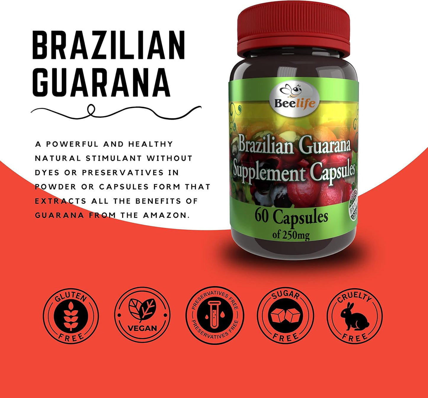 Brazilian Guarana Capsules - Natural Energy Supplements with Caffeine for Mental Focus and Muscle Strength - Gluten Free Pre Workout for Men & Women - 60 Capsules, 250mg
