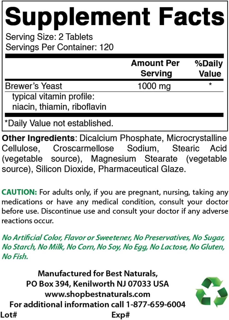 Brewer's Yeast 7-1/2 Grains Tablets with Vitamin B1 & B2 - 1000mg, 240 Tablets - Pack of 2