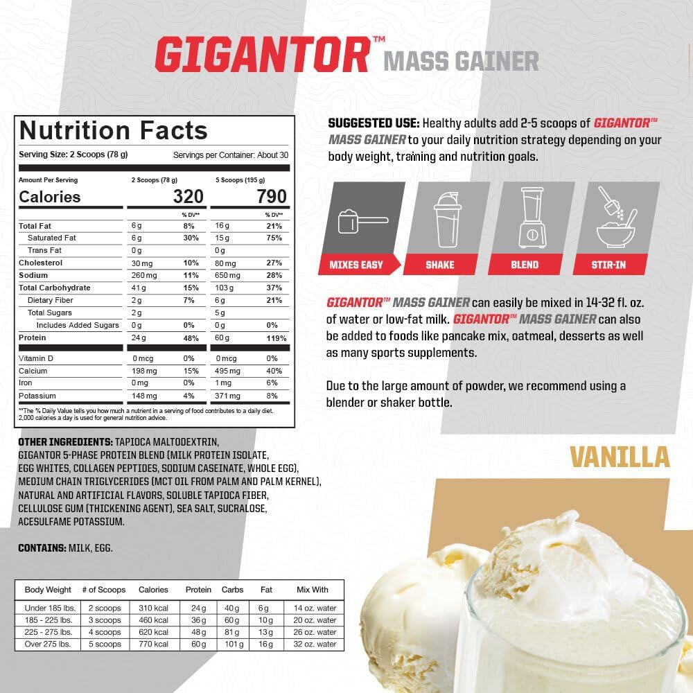 Brian Shaw's Gigantor Mass Gainer: Hardcore Hard Gainer Formula with 60g Protein, 30 Servings, 790 Quality Calories, 5-Phase Protein Blend - 5.16 lbs Vanilla