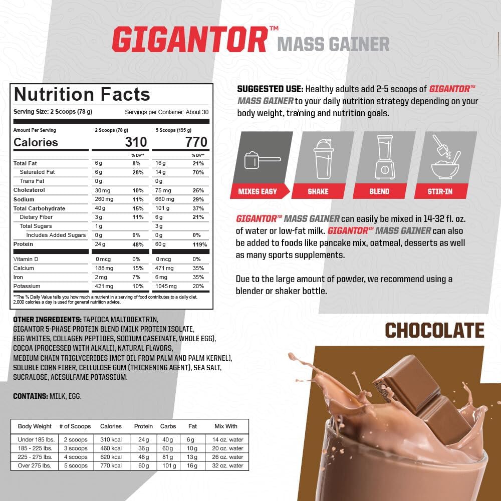 Brian Shaw's Gigantor Mass Gainer: Hardcore Hard Gainer Formula with 60g Protein, 30 Servings, 790 Quality Calories, 5-Phase Protein Blend - Chocolate Flavor, 5.16 lbs
