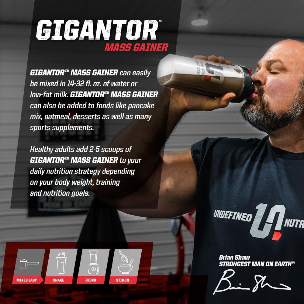 Brian Shaw's Gigantor Mass Gainer: Hardcore Hard Gainer Formula with 60g Protein, 30 Servings, 790 Quality Calories, 5-Phase Protein Blend - Chocolate Flavor, 5.16 lbs