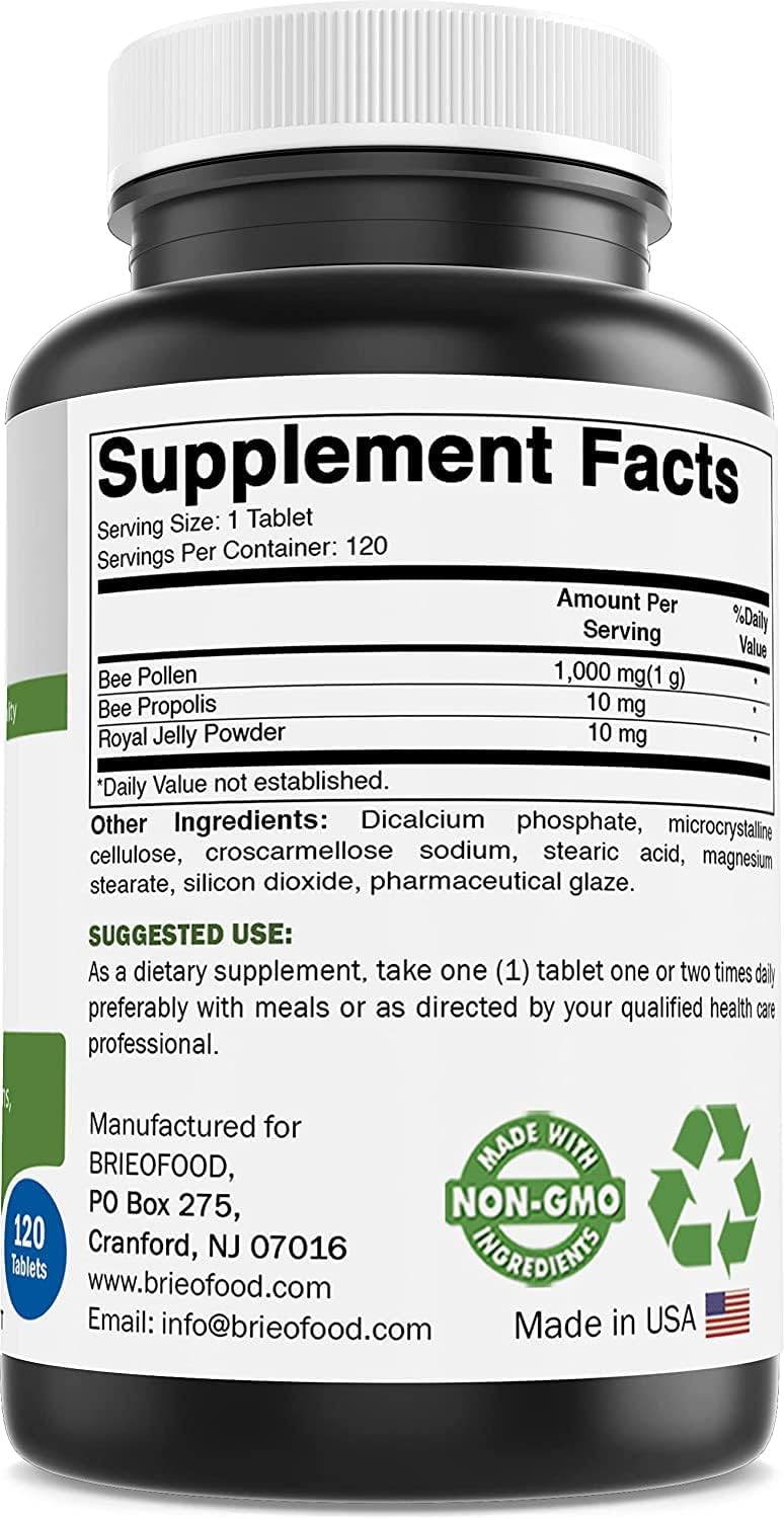 Brieofood Bee Pollen Complex Tablets - 1000 mg, 120 Count - Includes Bee Propolis & Royal Jelly Powder