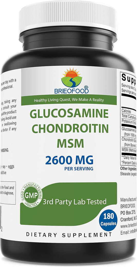 Brieofood Glucosamine Chondroitin MSM Capsules, Triple Strength 2600mg/Serving - Supports Joint Health, Cartilage, and Flexibility - 180 Count