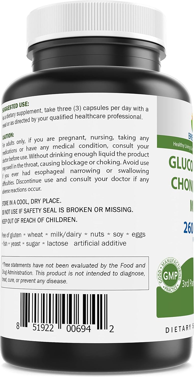 Brieofood Glucosamine Chondroitin MSM Capsules, Triple Strength 2600mg/Serving - Supports Joint Health, Cartilage, and Flexibility - 180 Count