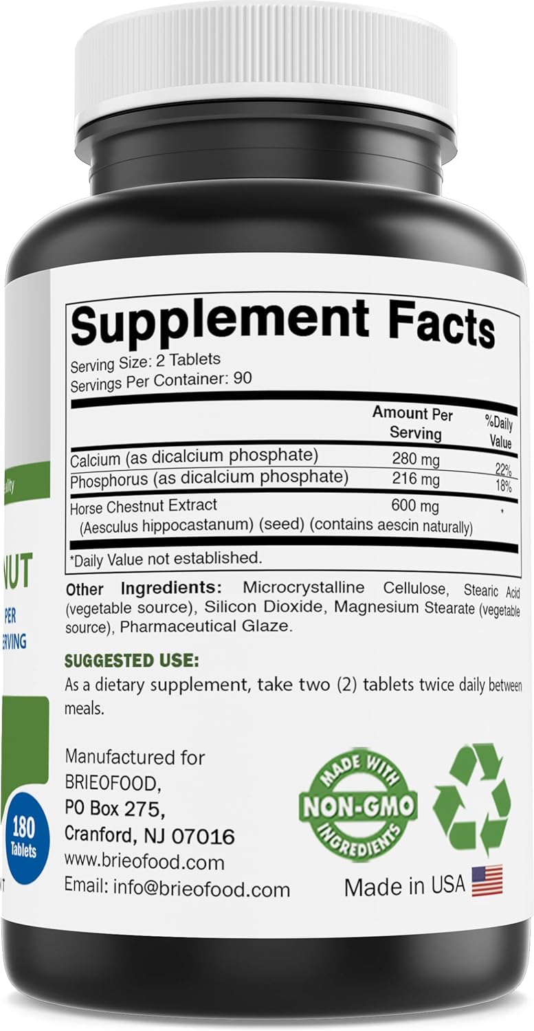Brieofood Horse Chestnut Extract 600mg - 180 Tablets - Lab Tested for Purity - Supports Leg Circulation & Fluid Balance