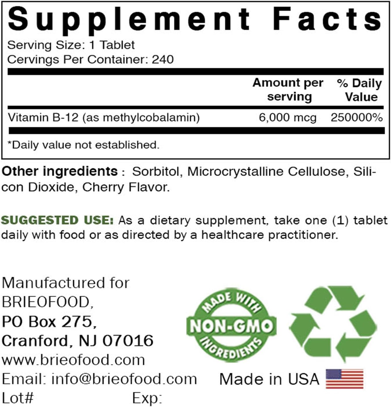 Brieofood Methycoballamin Vitamin B-12 6000mcg Tablets - 240 Count, Non-GMO & Gluten-Free