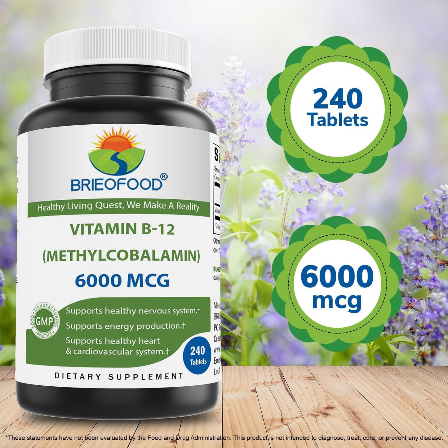 Brieofood Methycoballamin Vitamin B-12 6000mcg Tablets - 240 Count, Non-GMO & Gluten-Free