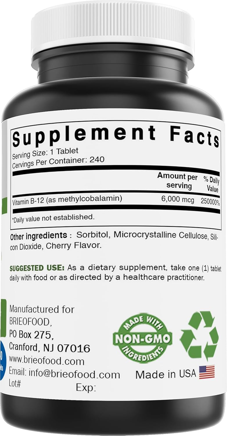 Brieofood Methycoballamin Vitamin B-12 6000mcg Tablets - 240 Count, Non-GMO & Gluten-Free