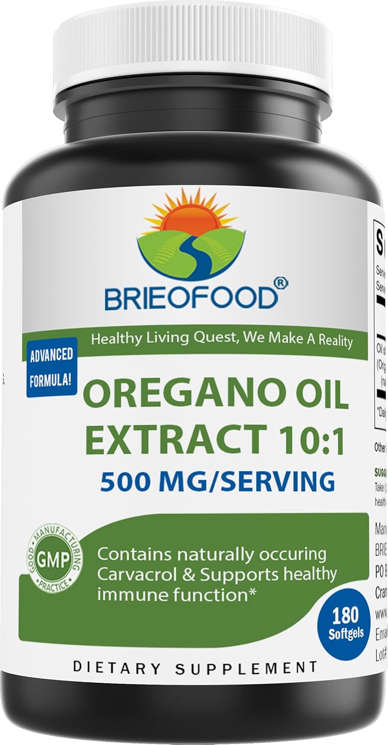Brieofood Oregano Oil Softgels - 500mg/Serving with Carvacrol - Supports Immune Health - 180 Count