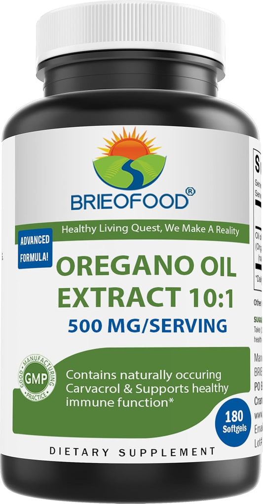 Brieofood Oregano Oil Softgels - 500mg/Serving with Carvacrol - Supports Immune Health - 180 Count