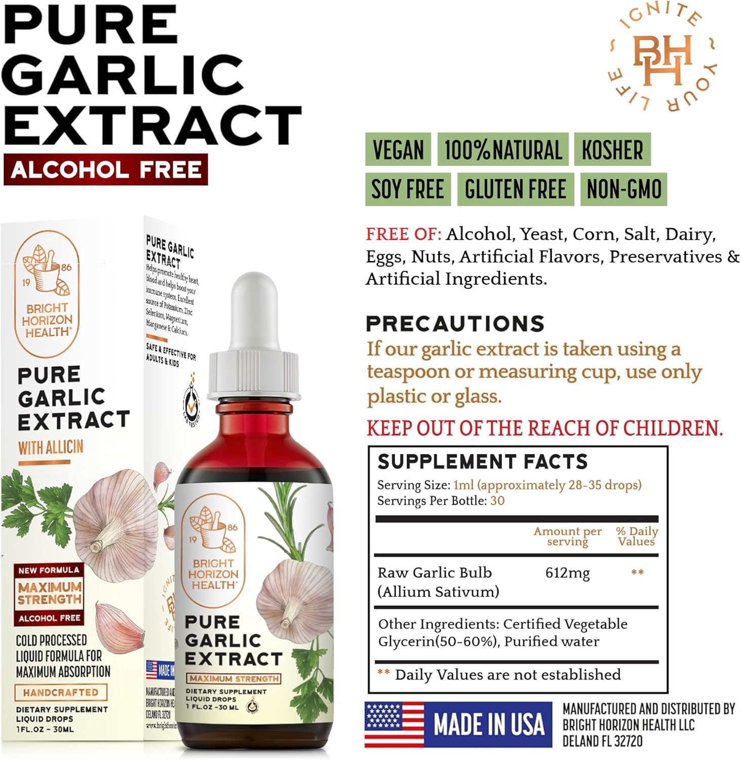 Bright Horizon Health Pure Garlic Extract with Allicin - 11X Stronger Immune Support - Vegan Friendly Liquid Formula - 1 fl.oz Bottle