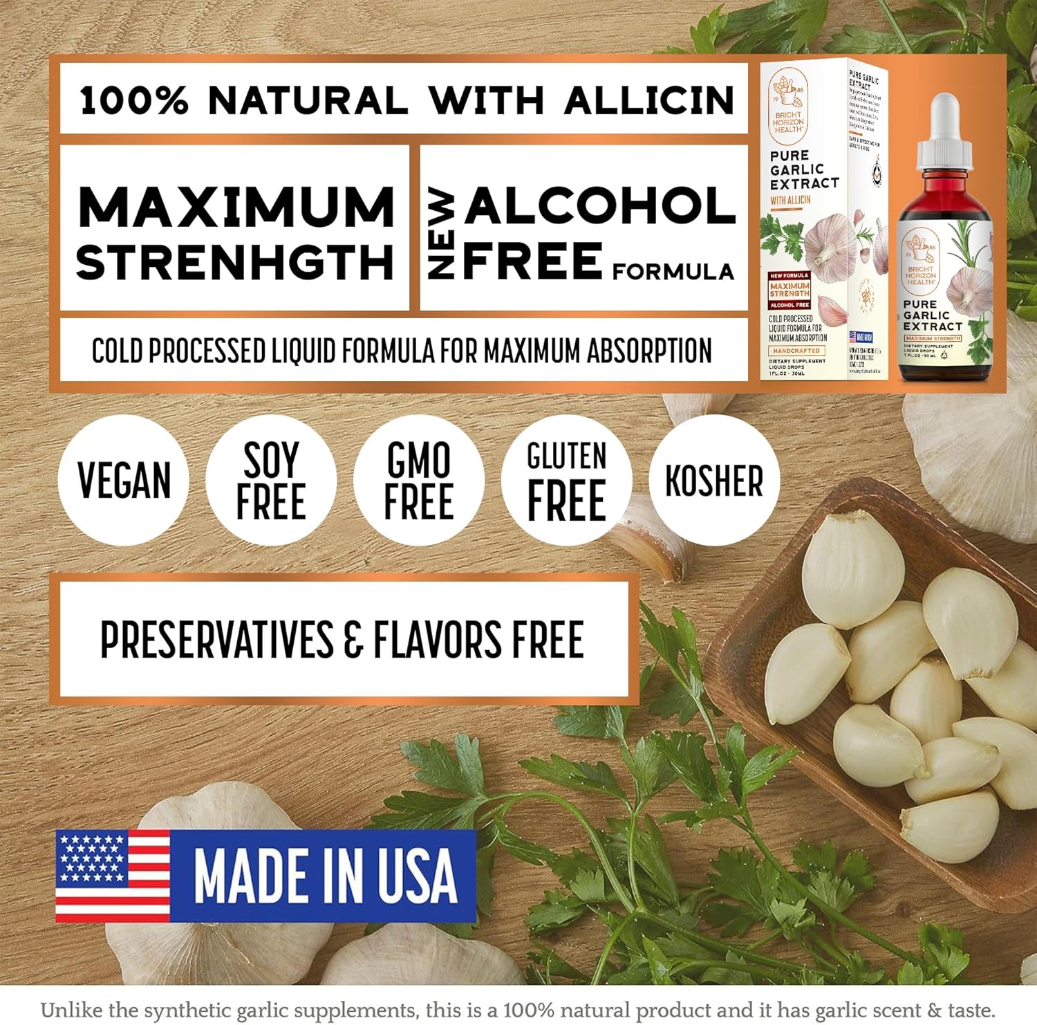 Bright Horizon Health Pure Garlic Extract with Allicin - 11X Stronger Immune Support - Vegan Friendly Liquid Formula - 1 fl.oz Bottle