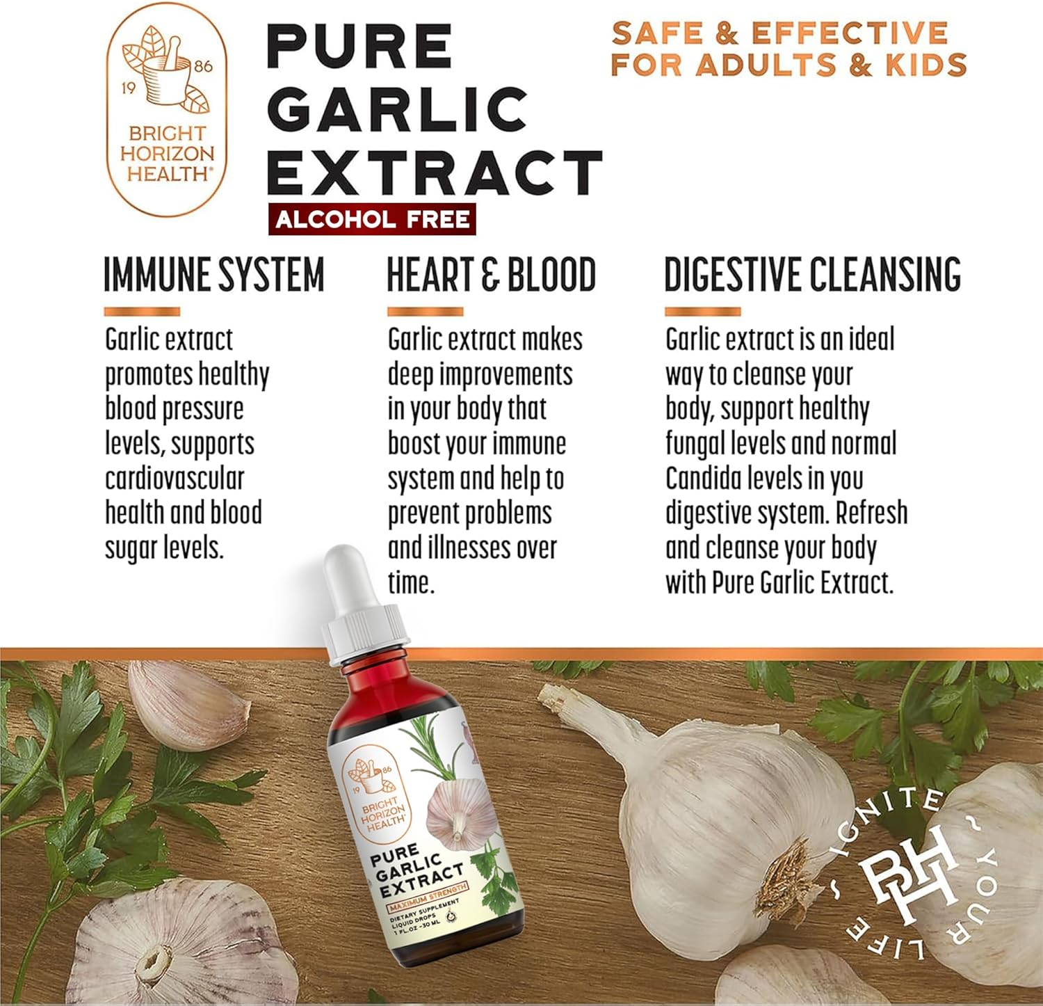 Bright Horizon Health Pure Garlic Extract with Allicin - 11X Stronger Immune Support - Vegan Friendly Liquid Formula - 1 fl.oz Bottle