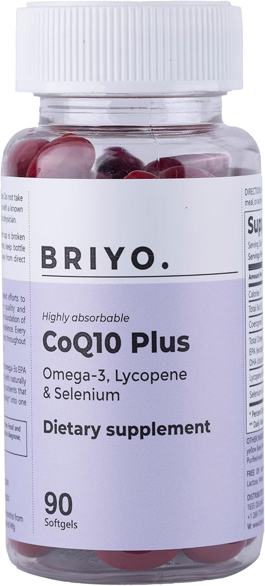 Briyo Heart Health Supplement with Highly Absorbable CoQ10 100mg, Omega-3, Lycopene, and Selenium (90 Softgels)
