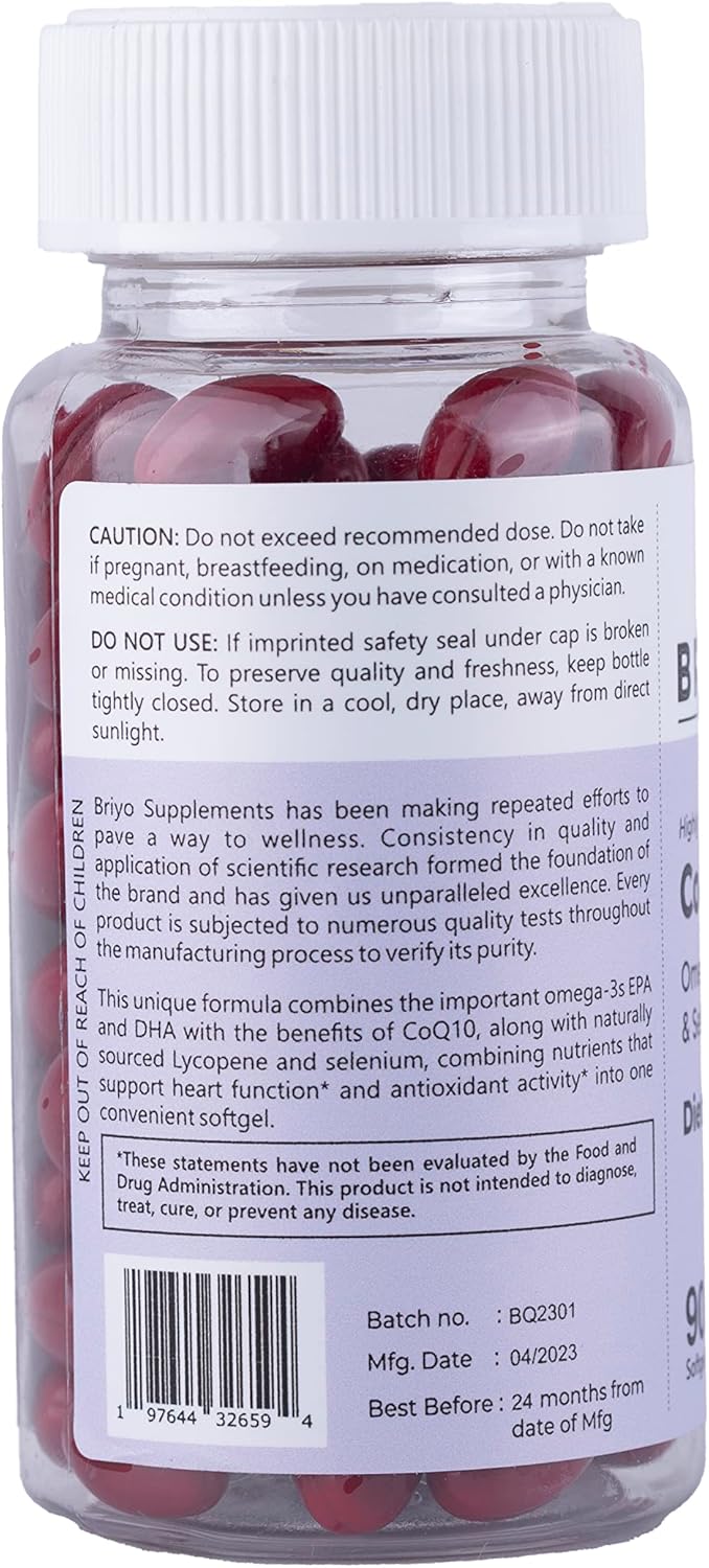 Briyo Heart Health Supplement with Highly Absorbable CoQ10 100mg, Omega-3, Lycopene, and Selenium (90 Softgels)