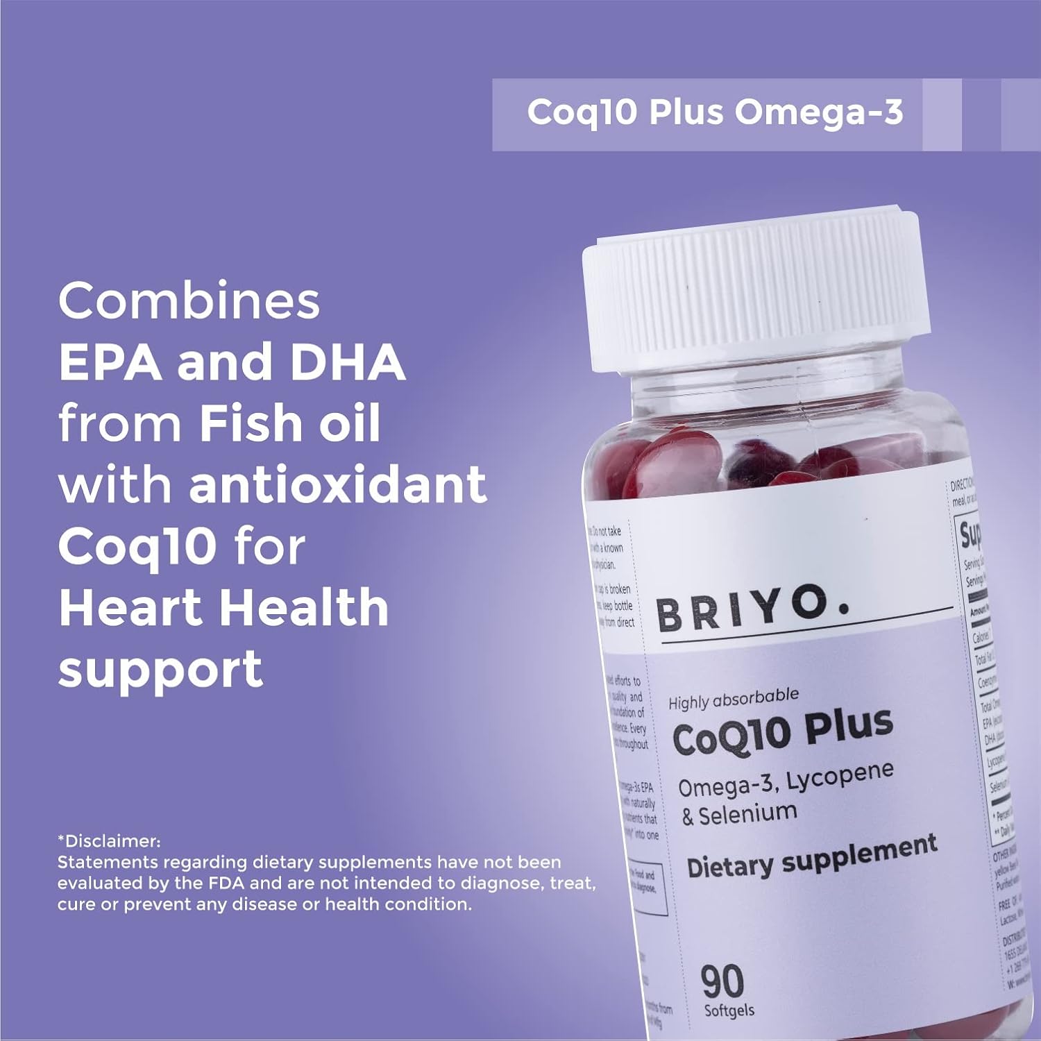 Briyo Heart Health Supplement with Highly Absorbable CoQ10 100mg, Omega-3, Lycopene, and Selenium (90 Softgels)