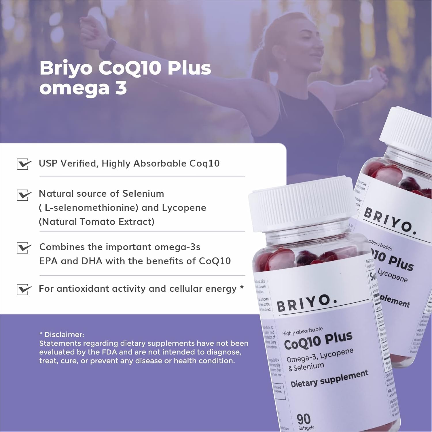 Briyo Heart Health Supplement with Highly Absorbable CoQ10 100mg, Omega-3, Lycopene, and Selenium (90 Softgels)