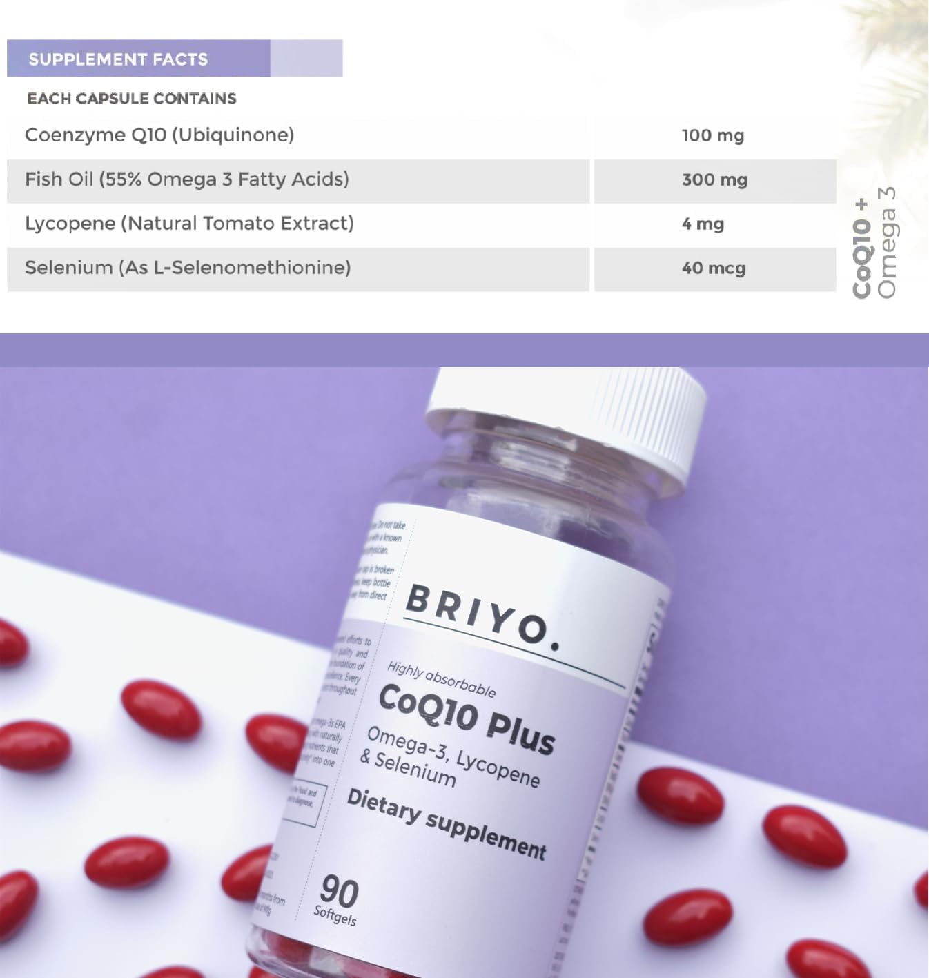 Briyo Heart Health Supplement with Highly Absorbable CoQ10 100mg, Omega-3, Lycopene, and Selenium (90 Softgels)