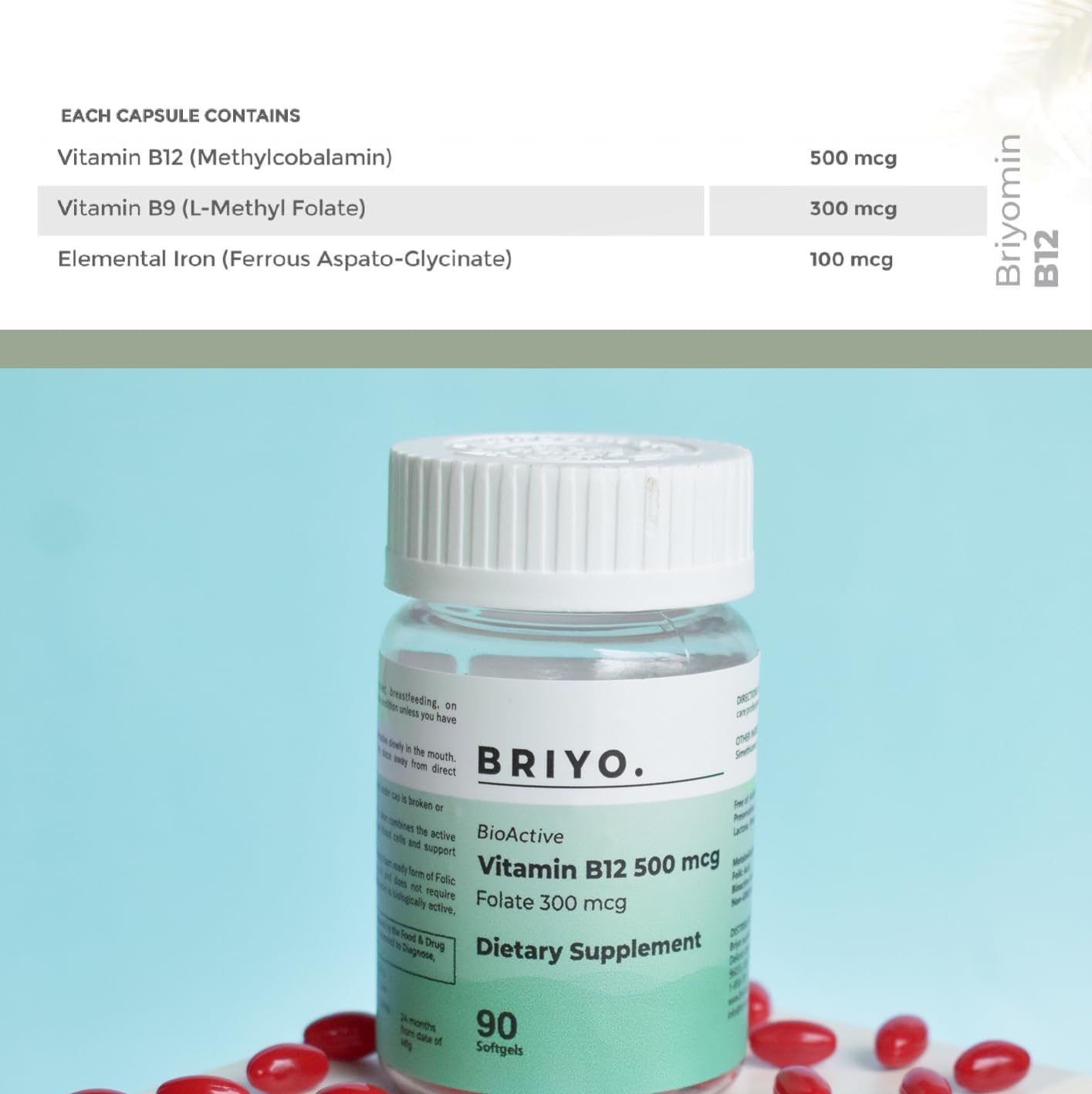 Briyo Vitamin B12 500 mcg with Methylfolate 90 Mini Softgels - Immune Support and Energy Boost