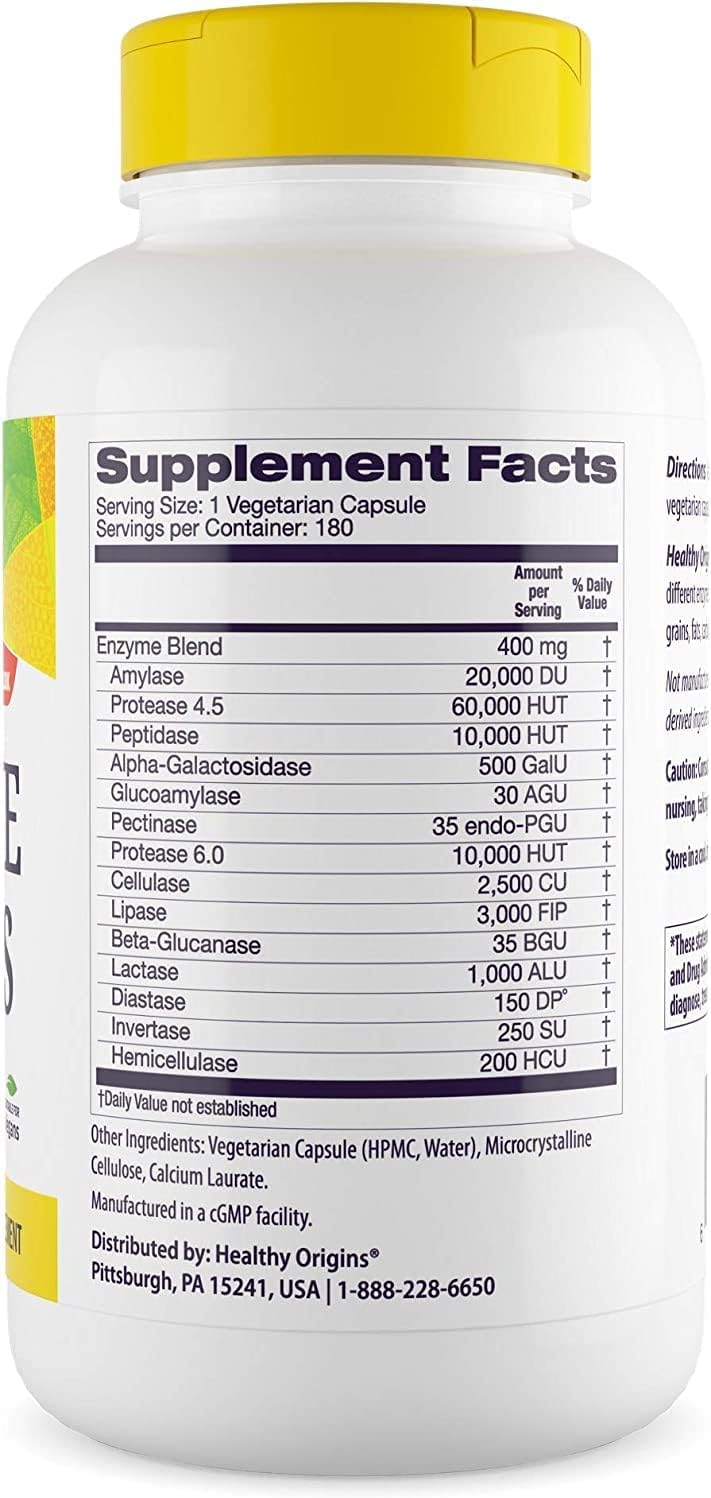 Broad Spectrum Digestive Enzymes Supplement - 180 Veggie Capsules - Gluten-Free with Protease, Amylase & Lipase for Gut Health