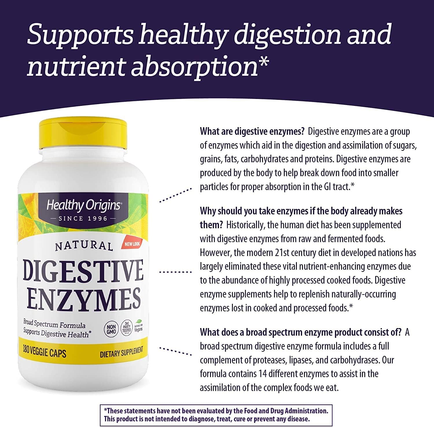 Broad Spectrum Digestive Enzymes Supplement - 180 Veggie Capsules - Gluten-Free with Protease, Amylase & Lipase for Gut Health