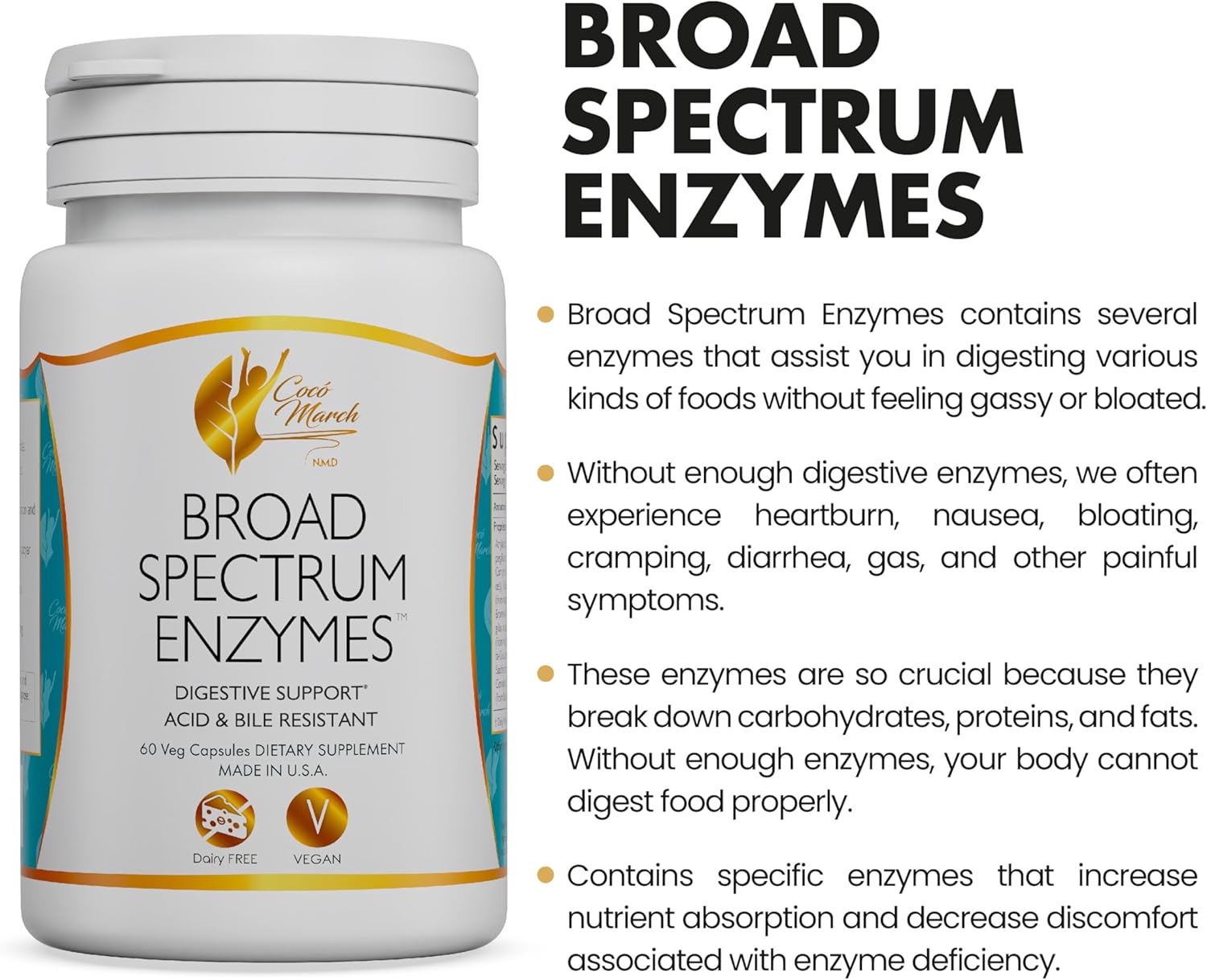 Broad Spectrum Enzymes for Gluten-Lactose-Digestive Support - Vegan, Dairy Free - 18 Enzymes, 460mg - 60 Capsules