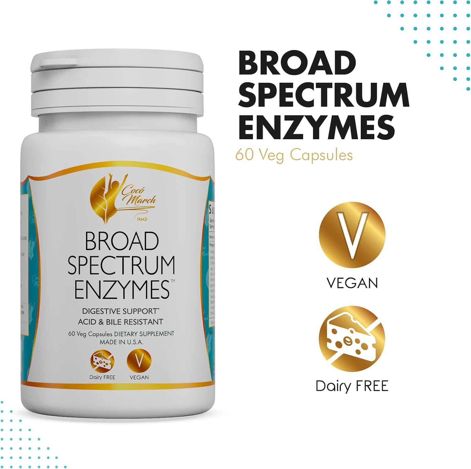Broad Spectrum Enzymes for Gluten-Lactose-Digestive Support - Vegan, Dairy Free - 18 Enzymes, 460mg - 60 Capsules