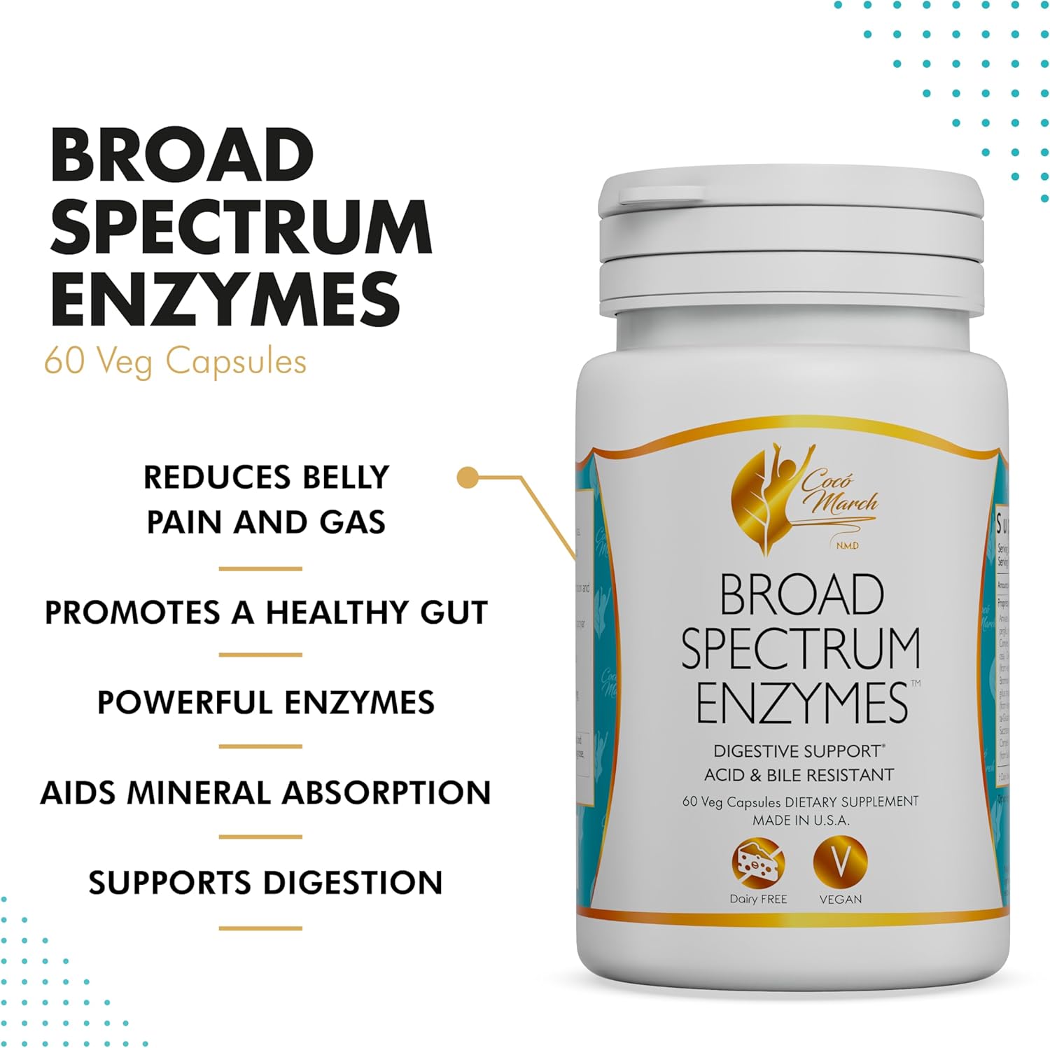 Broad Spectrum Enzymes for Gluten-Lactose-Digestive Support - Vegan, Dairy Free - 18 Enzymes, 460mg - 60 Capsules