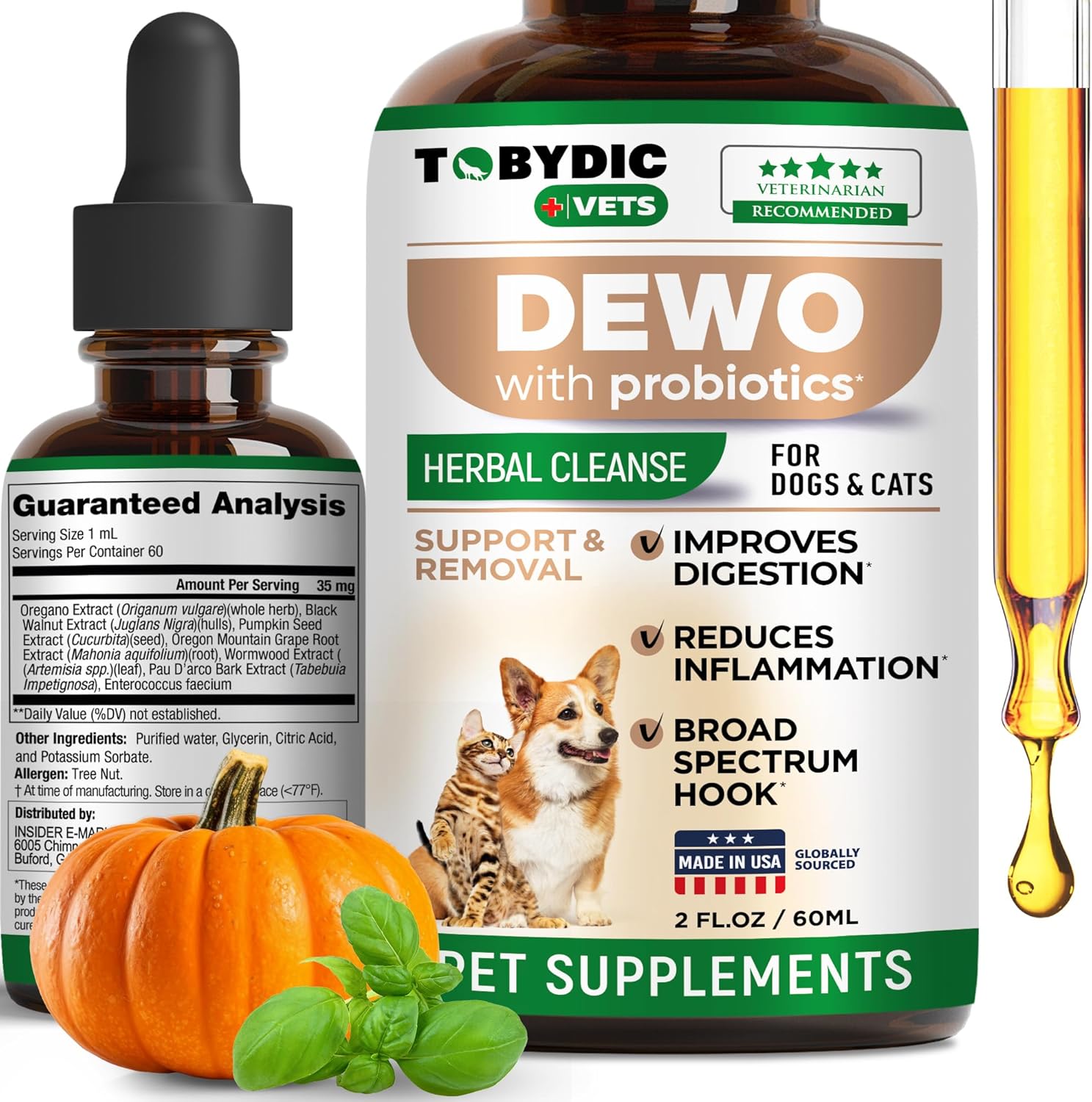 Broad Spectrum Herbal Medicine with Probiotic for Cats & Dogs - Remove Toxins & Parasites - USA Made Supplement Drops