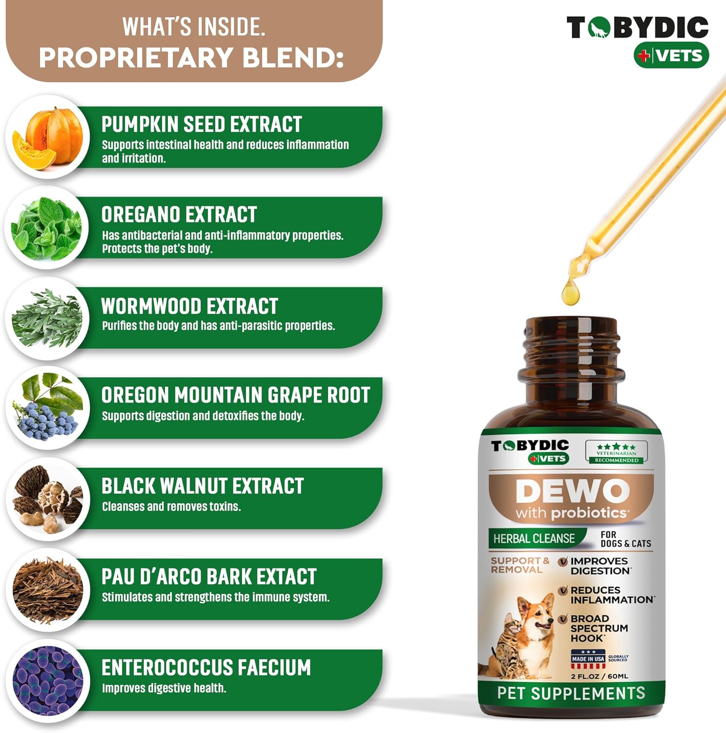 Broad Spectrum Herbal Medicine with Probiotic for Cats & Dogs - Remove Toxins & Parasites - USA Made Supplement Drops