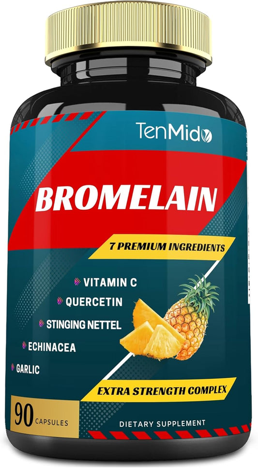 Bromelain Extract Capsules with Proteolytic Enzymes, VitC, Quercetin, Echinacea, Garlic, Pepper - Supports Digestion & Nutrient Absorption - 90caps