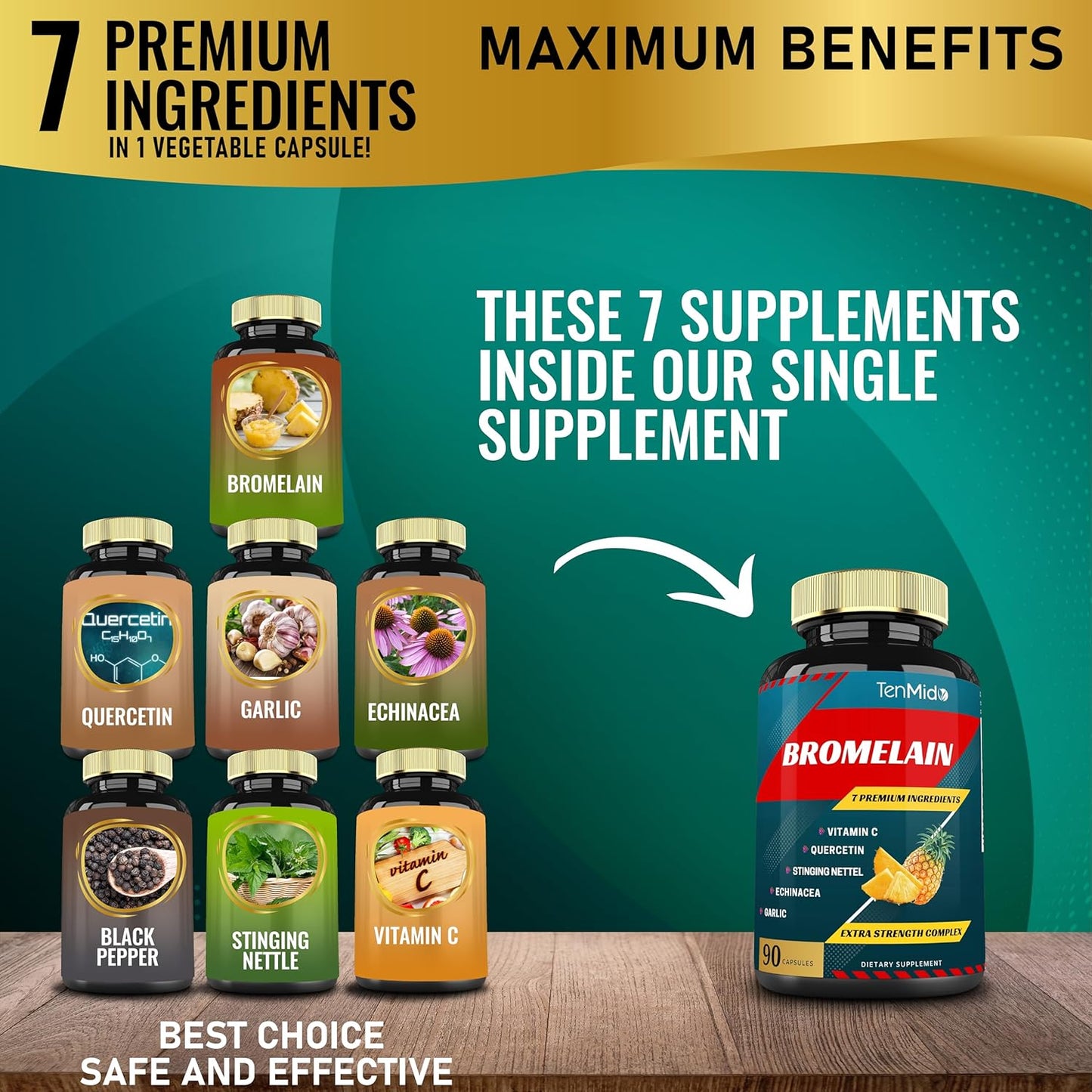 Bromelain Extract Capsules with Proteolytic Enzymes, VitC, Quercetin, Echinacea, Garlic, Pepper - Supports Digestion & Nutrient Absorption - 90caps