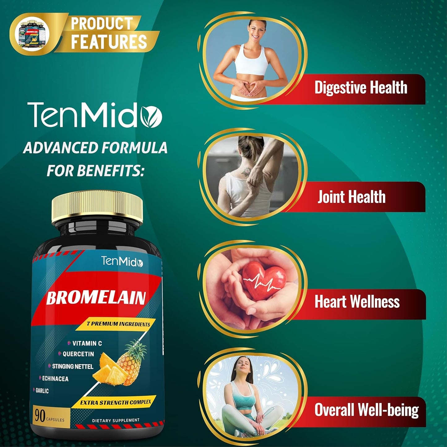 Bromelain Extract Capsules with Proteolytic Enzymes, VitC, Quercetin, Echinacea, Garlic, Pepper - Supports Digestion & Nutrient Absorption - 90caps
